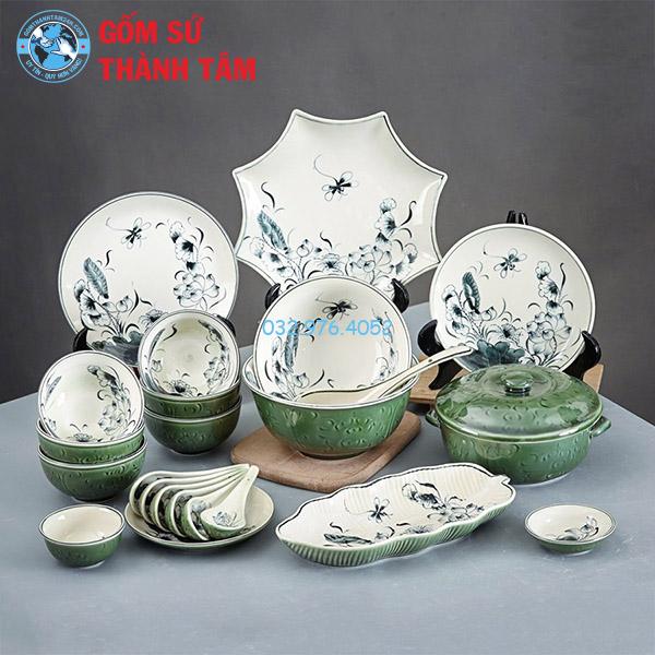Bát đĩa giả cổ sen cá xanh đồng
