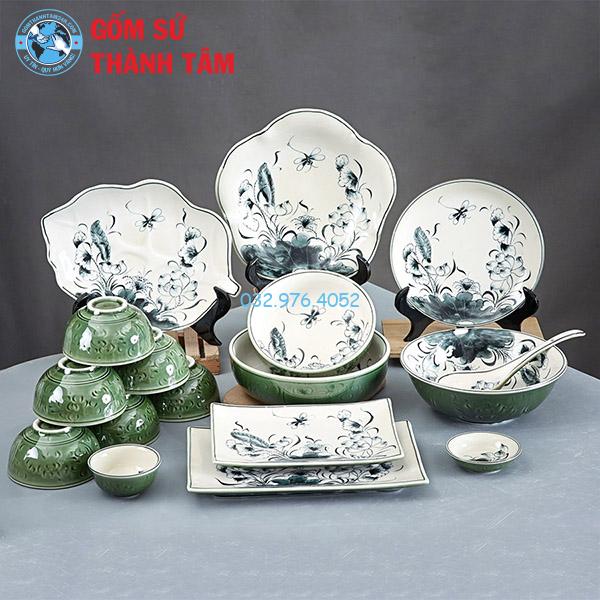 Bát đĩa giả cổ sen cá xanh đồng