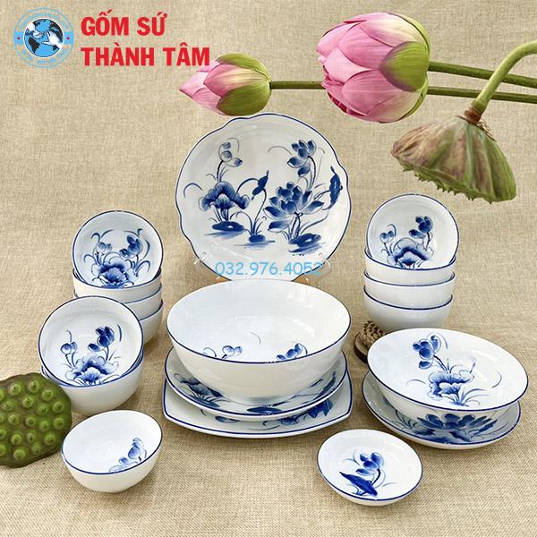 Bát đĩa giả cổ sen xanh đơn giản