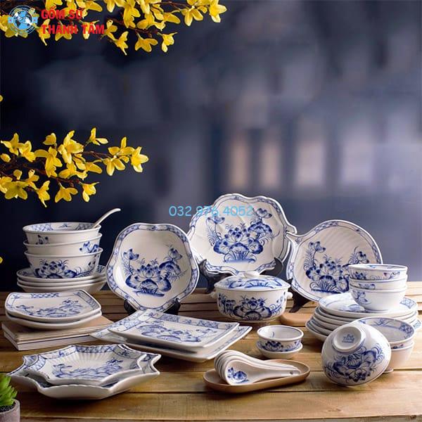 Bát đĩa giả cổ sen xanh vẽ kỹ