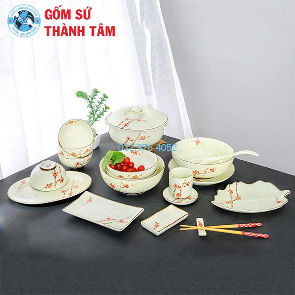 Bát đĩa men kem hoa đào