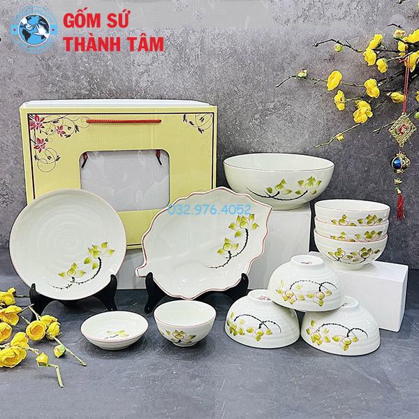 Bát đĩa men kem sen vàng