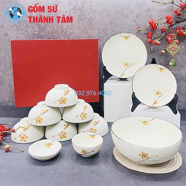 Bát đĩa men kem vẽ tay hoa mai
