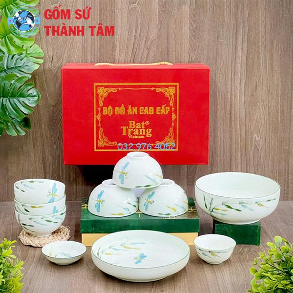 Bát đĩa men kem vẽ tay hoạ tiết chuồn chuồn