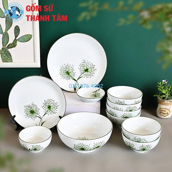 Bát đĩa men trắng vẽ tay bồ công anh men trắng