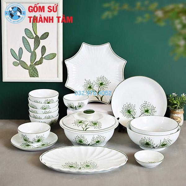 Bát đĩa men trắng vẽ tay bồ công anh men trắng