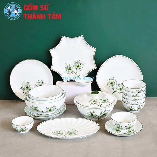 Bát đĩa men trắng vẽ tay bồ công anh men trắng