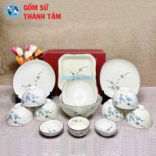 Bát đĩa men trắng vẽ tay hoa đào xanh