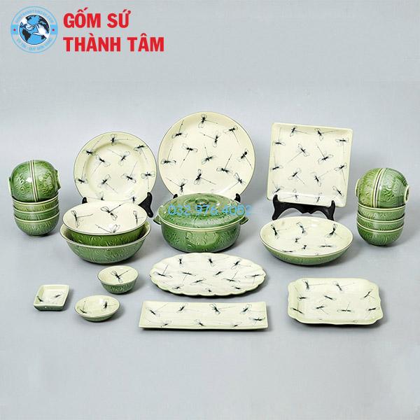 Bát đĩa men trắng vẽ tay men xanh đa dạng