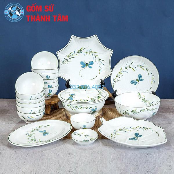 Bát đĩa men trắng vẽ tay vẽ chuồn chuồn