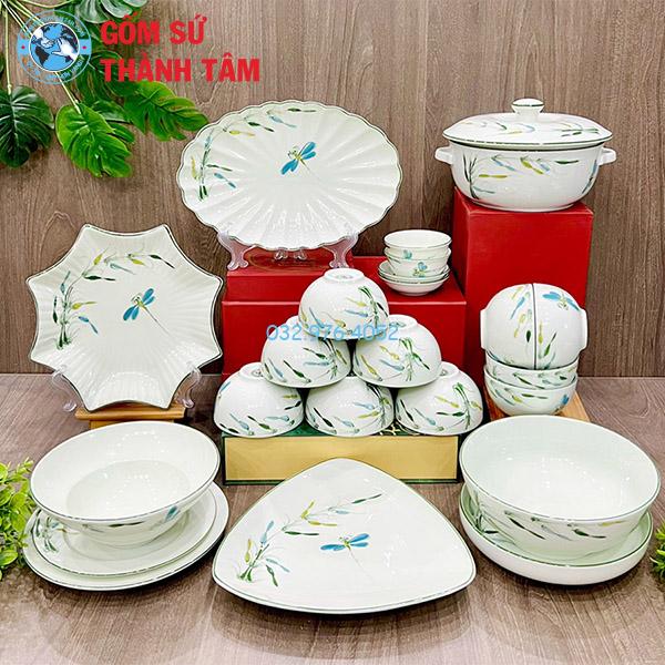 Bát đĩa men trắng vẽ tay vẽ chuồn chuồn