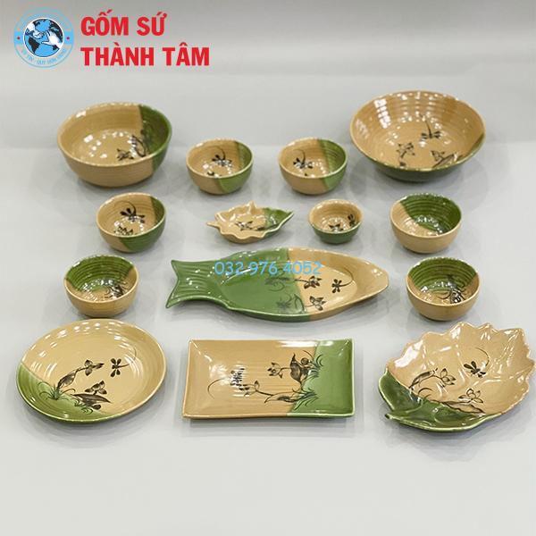 Bát đĩa nâu Nhật xanh nâu gốm vẽ hoa văn