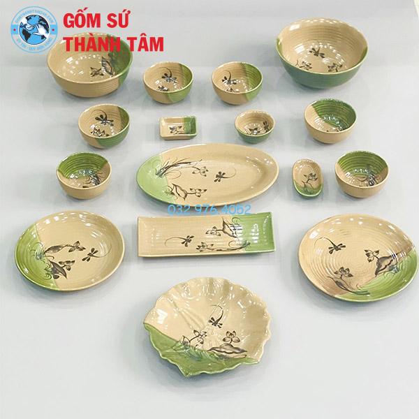 Bát đĩa nâu Nhật xanh nâu gốm vẽ hoa văn