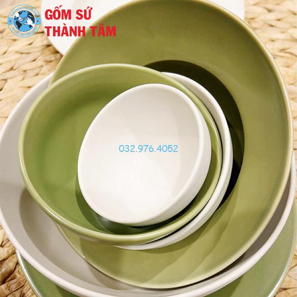 Bát đĩa nhà hàng men xanh lỳ không bỏng