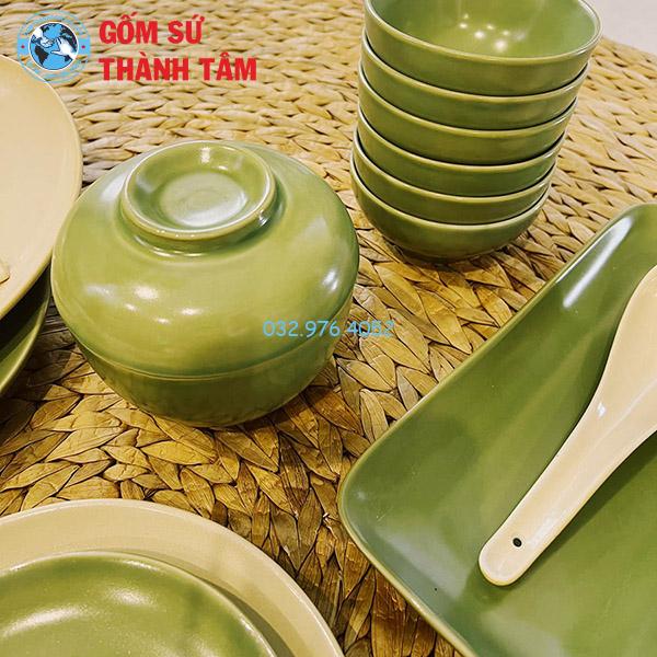 Bát đĩa nhà hàng men xanh lỳ không bỏng