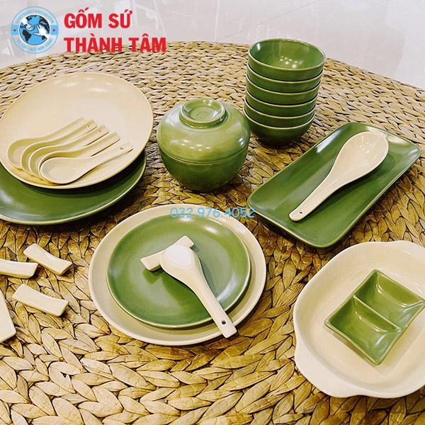 Bát đĩa nhà hàng men xanh lỳ không bỏng