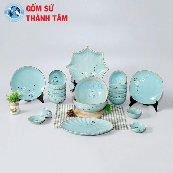 Bát đĩa nhà hàng men xanh vẽ hoạ tiết đào trắng