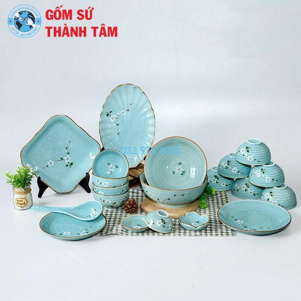 Bát đĩa nhà hàng men xanh vẽ hoạ tiết đào trắng