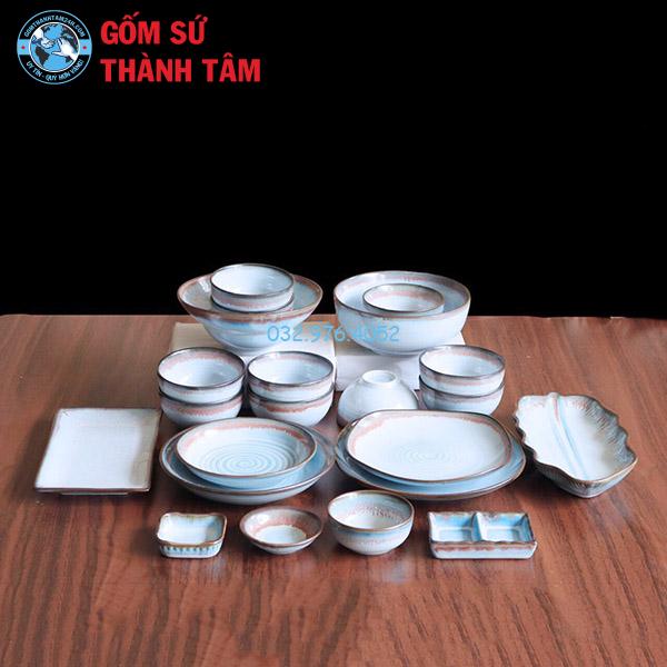 Bát đĩa nhà hàng xanh hoả biển nhạt