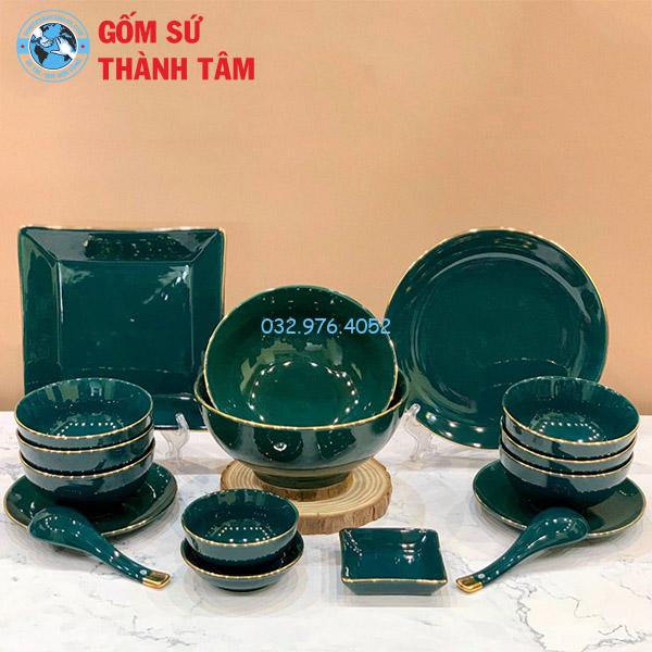 Bát đĩa xanh ngọc men xanh lòng xanh trơn viền vàng kim