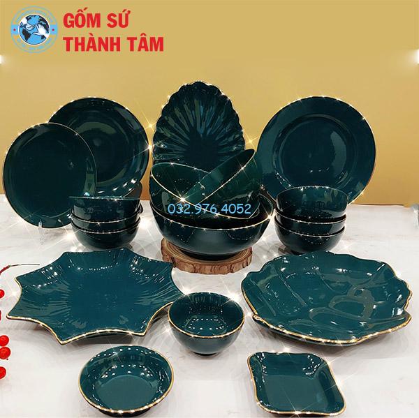 Bát đĩa xanh ngọc men xanh lòng xanh trơn viền vàng kim