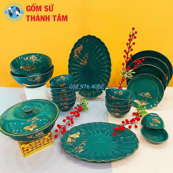 Bát đĩa xanh ngọc xanh đậm hoa văn