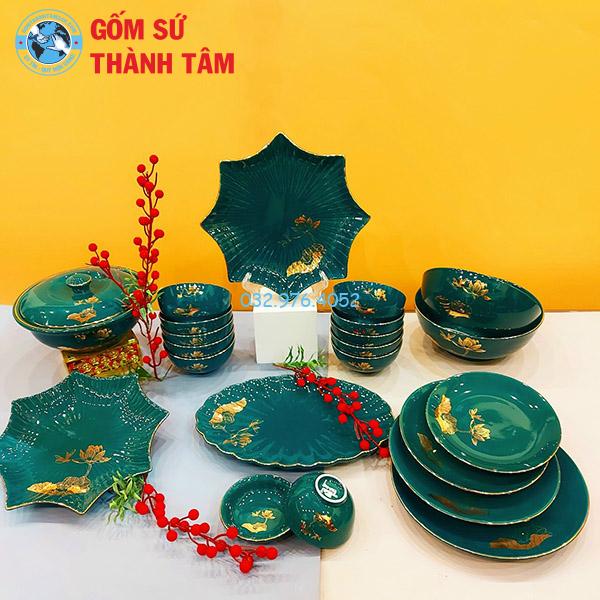 Bát đĩa xanh ngọc xanh đậm hoa văn