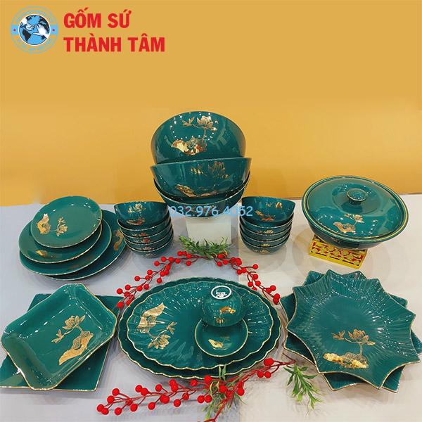 Bát đĩa xanh ngọc xanh đậm hoa văn