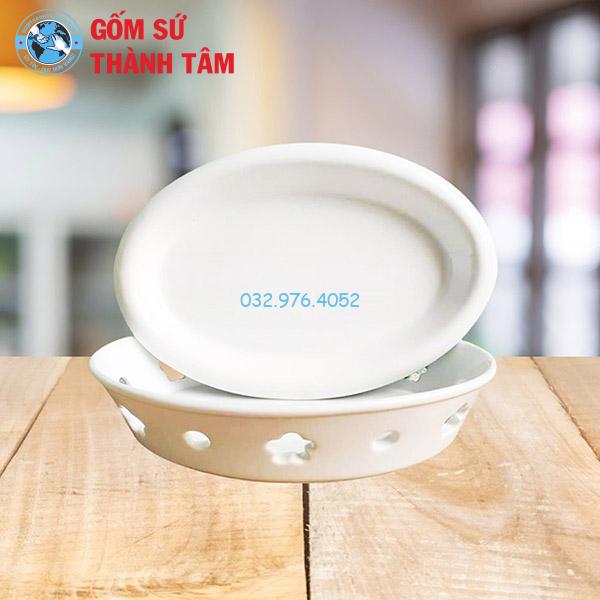 Bát hầm nóng thức ăn bếp bầu dục men trắng