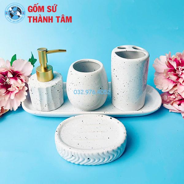 Bình đựng xà phòng gốm sứ họa tiết xà cừ