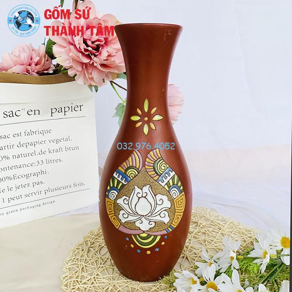 Bình hoa men gốm nâu hoa sen đơn giản