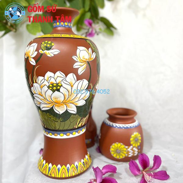 Bình hoa men gốm nâu hoa sen 