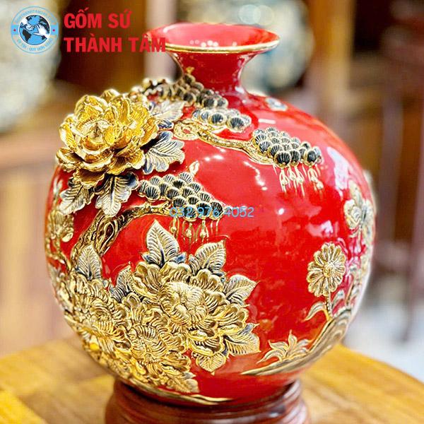 Bình hút lộc màu đỏ mã đáo thành công đắp nổi vẽ vàng