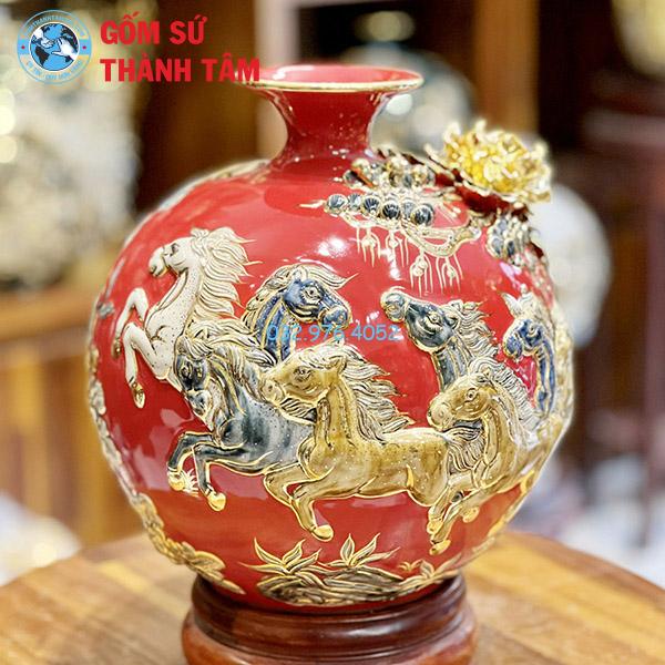Bình hút lộc màu đỏ mã đáo thành công đắp nổi vẽ vàng