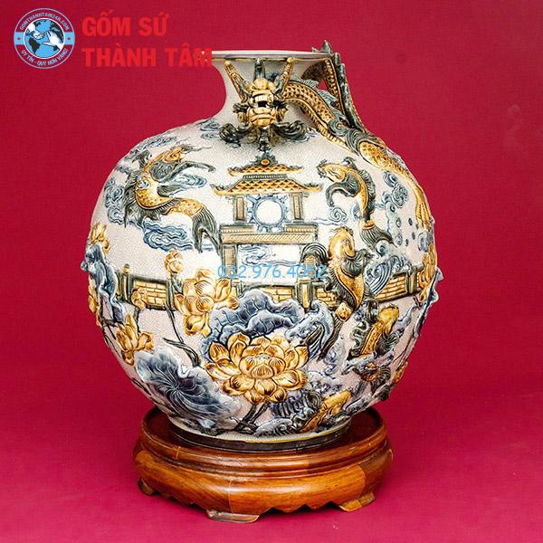 Bình hút lộc men rạn cá chép đắp nổi trơn