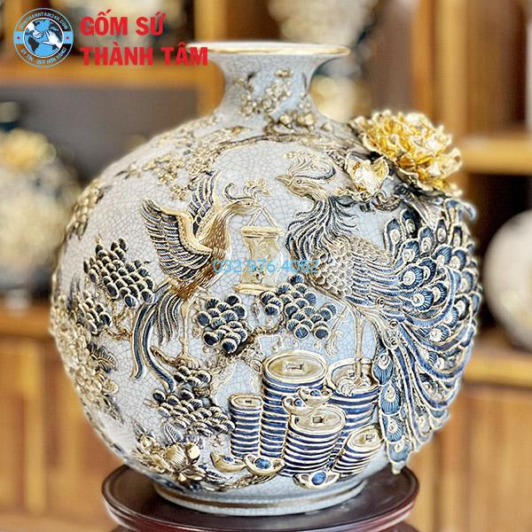 Bình hút lộc men rạn chim công đắp nổi vẽ vàng
