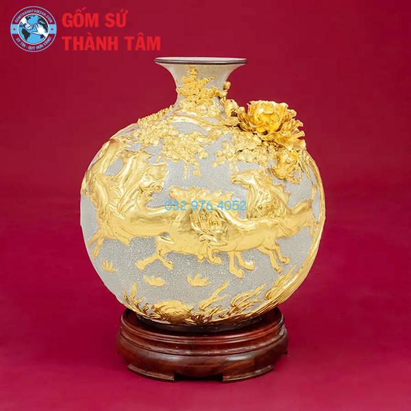 Bình hút lộc men rạn mã đáo thành công cao cấp đắp nổi dát vàng