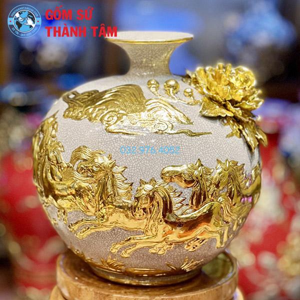 Bình hút lộc men rạn mã đáo thành công cao cấp đắp nổi dát vàng