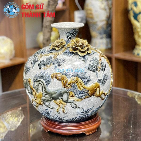 Bình hút lộc men rạn mã đáo thành công đắp nổi trơn