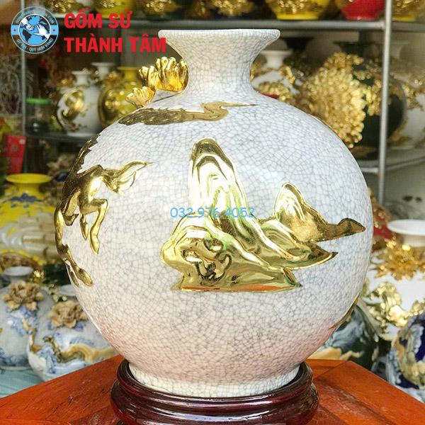 Bình hút lộc men rạn mã đáo thành công rẻ đắp nổi dát vàng
