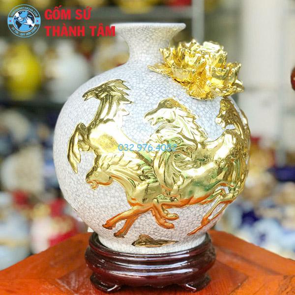 Bình hút lộc men rạn mã đáo thành công rẻ đắp nổi dát vàng