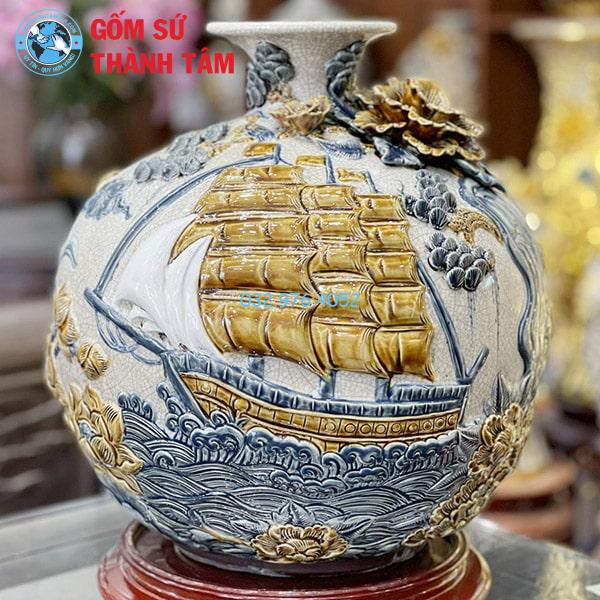 Bình hút lộc men rạn thuận buồm xuôi gió đắp nổi trơn