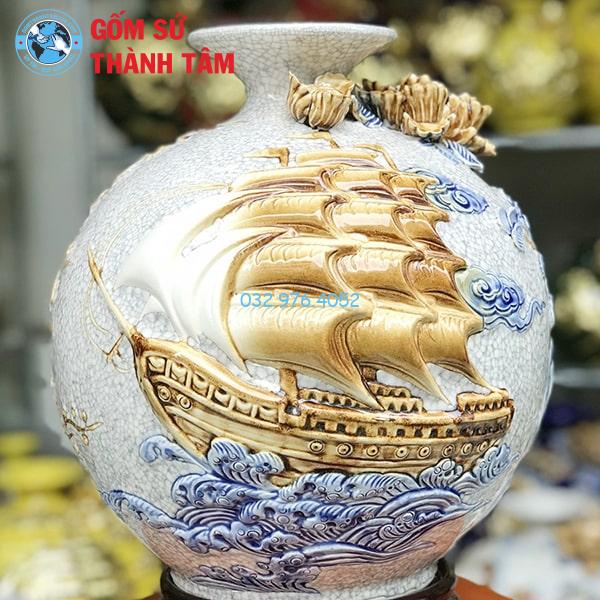 Bình hút lộc men rạn thuận buồm xuôi gió đắp nổi trơn