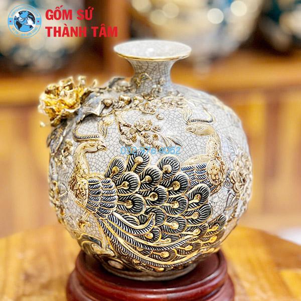 Bình hút lộc mệnh kim mã hoa sen đắp nổi vẽ vàng