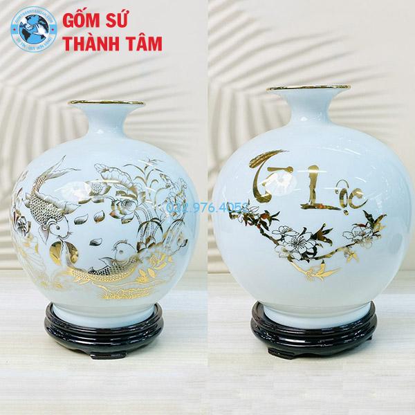 Bình hút lộc mệnh kim lý ngư vọng nguyệt trơn 24k