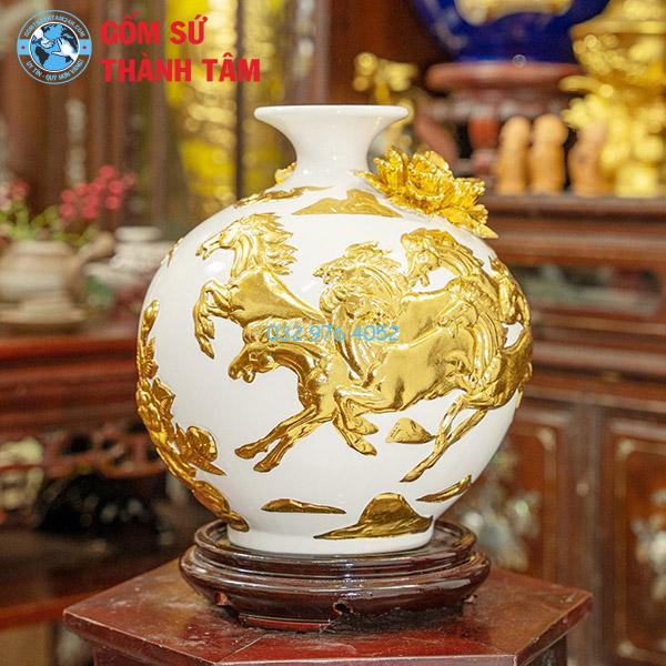 Bình hút lộc mệnh kim mã đáo thành công đắp nổi dát vàng