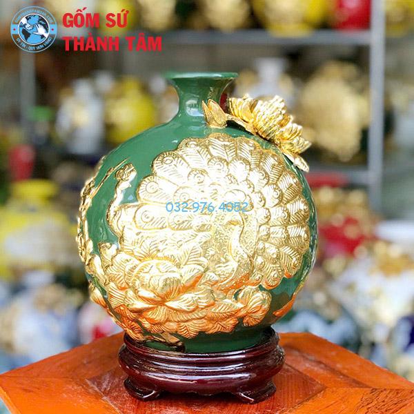 Bình hút lộc mệnh mộc công đào đắp nổi dát vàng