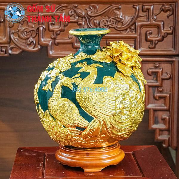 Bình hút lộc mệnh mộc công đào đắp nổi dát vàng