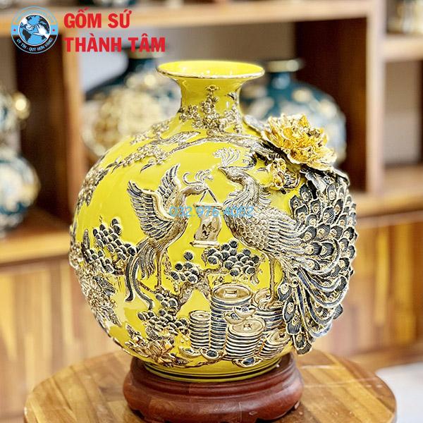 Bình hút lộc mệnh thổ công đào đắp nổi vẽ vàng