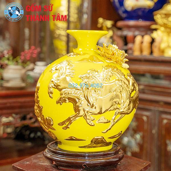 Bình hút lộc mệnh thổ mã đáo thành công đắp nổi dát vàng
